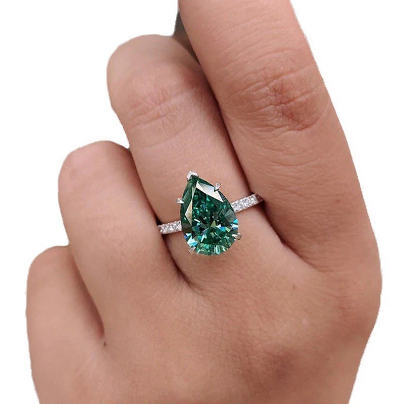 Woman White Gold Plated Sparkling Green CZ Oval Band Ring Sizes 6-10