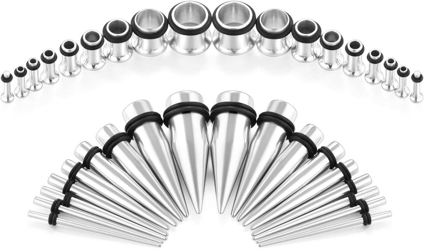 Ear Gauge Stretching Kit Surgical Steel Tapers Plugs Eyelets 14G to 00G 36