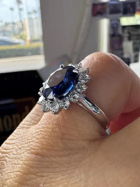 5.20Ct Oval Cut Natural Blue Sapphire & Diamond Solid 14K White Gold Luxury Ring