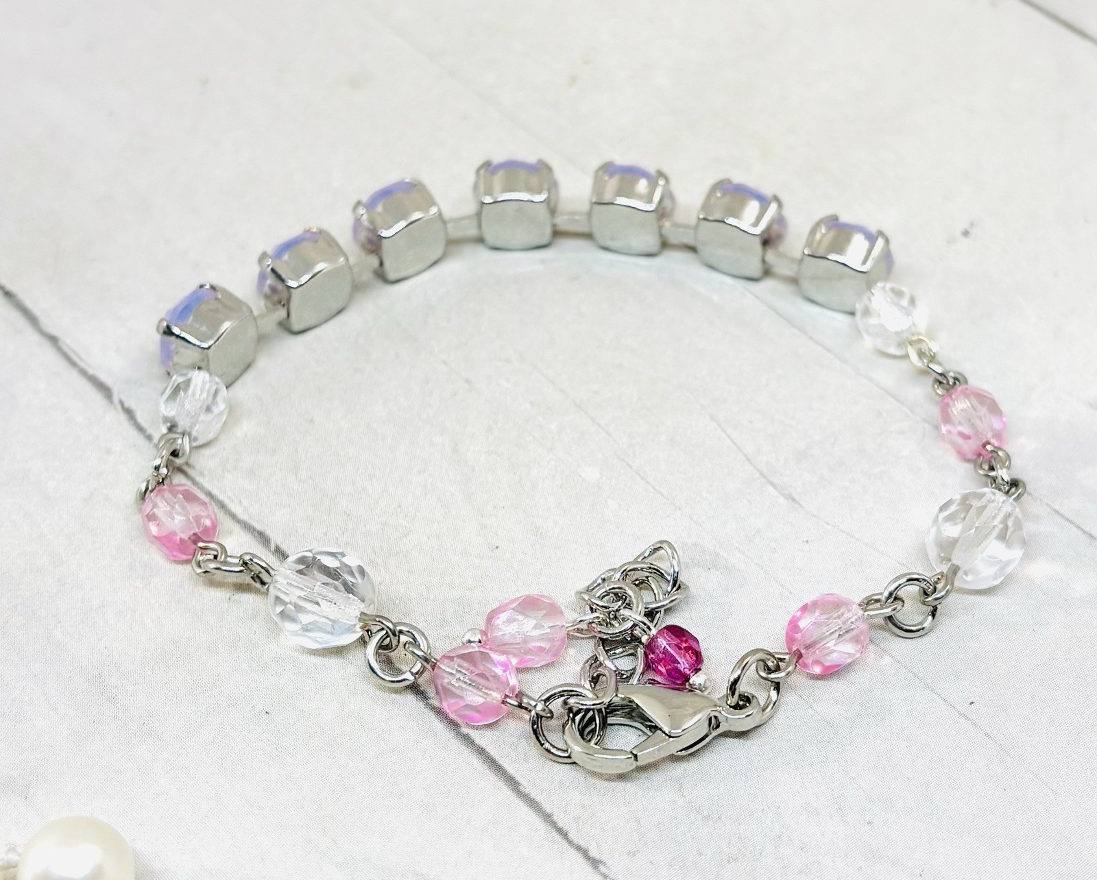 8mm Shiny Silver Plated Beaded Pink Opal Crystal Tennis Cup Chain Bracelet