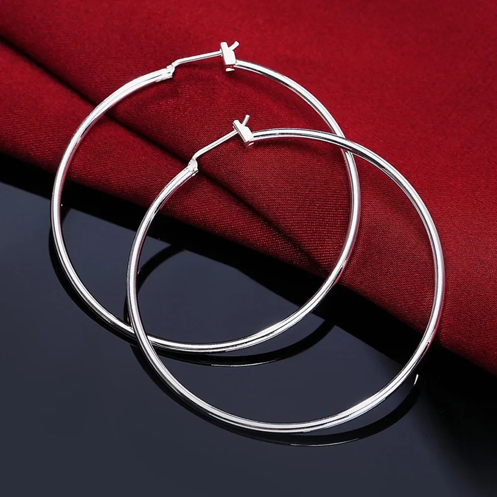 925 Sterling Solid Silver 50mm Round Smooth Big Hoop Earrings Women Jewelry