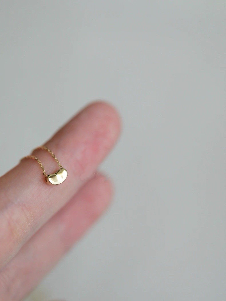 Solid 14K Yellow Gold Bean Pendant Necklace AU585 Stamp, 16.5” Adjustable