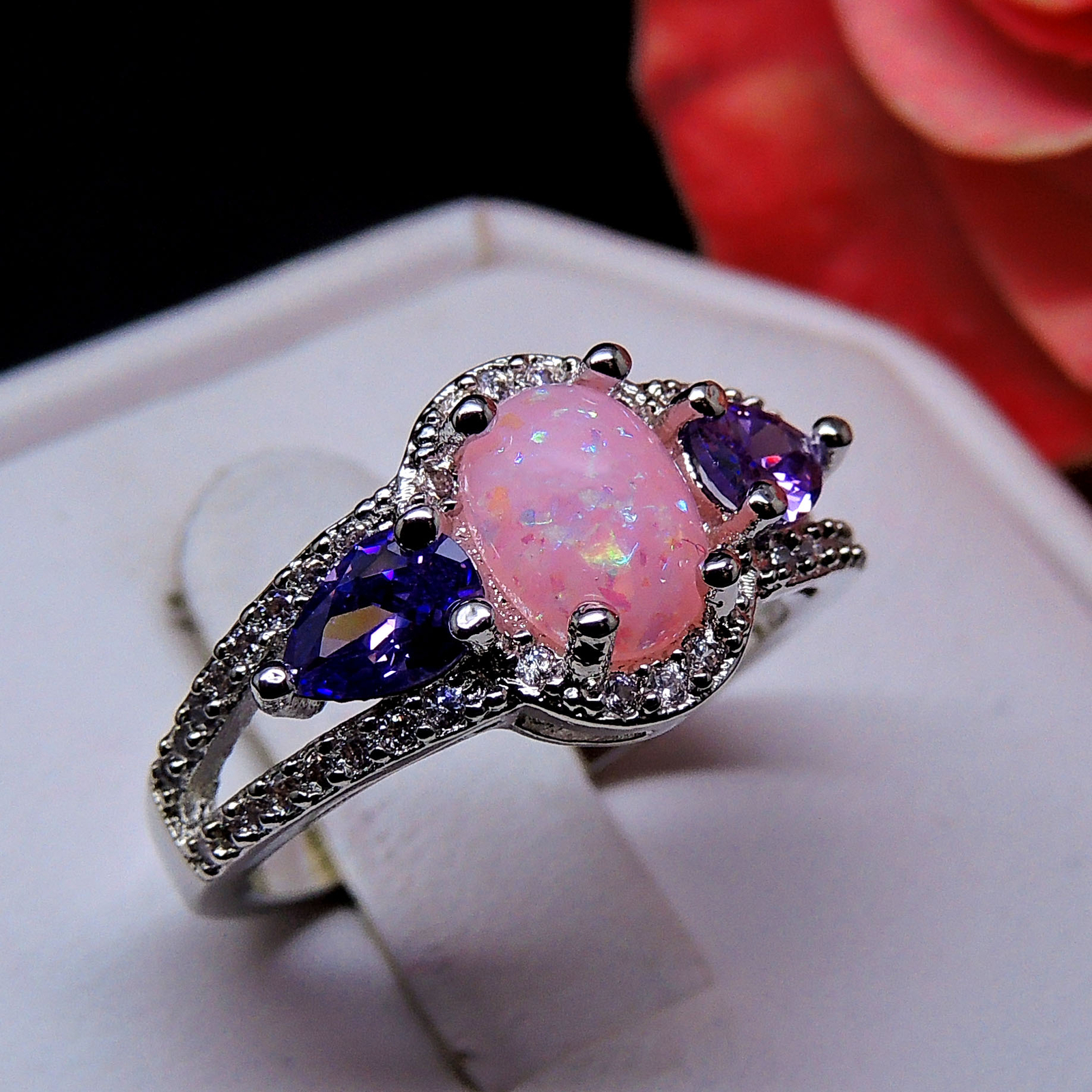 Chelsey Pink or White Oval Shape Simulated Fire Opal Purple Cz Ring Ginger Ly…
