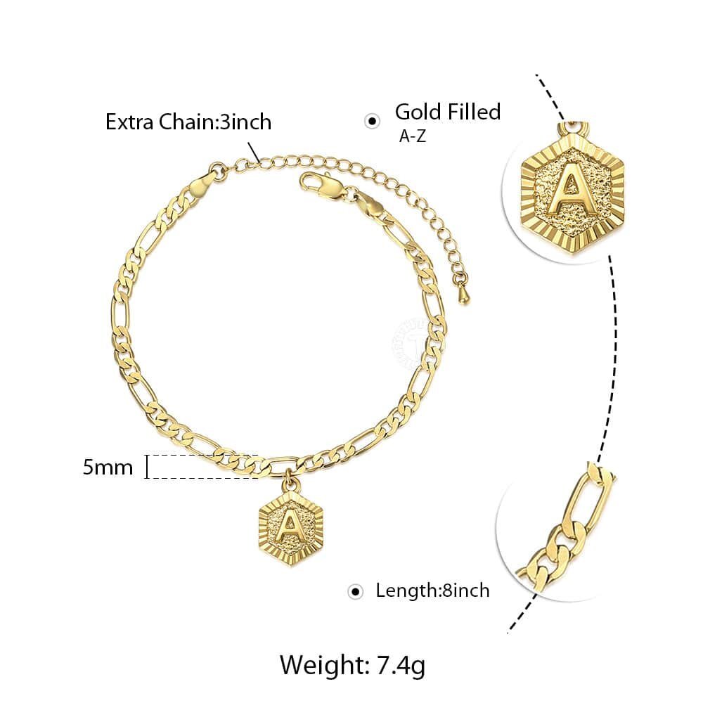 Womens A-Z Initial Letter Charm Bracelet Anklet Gold Plated Figaro Chain