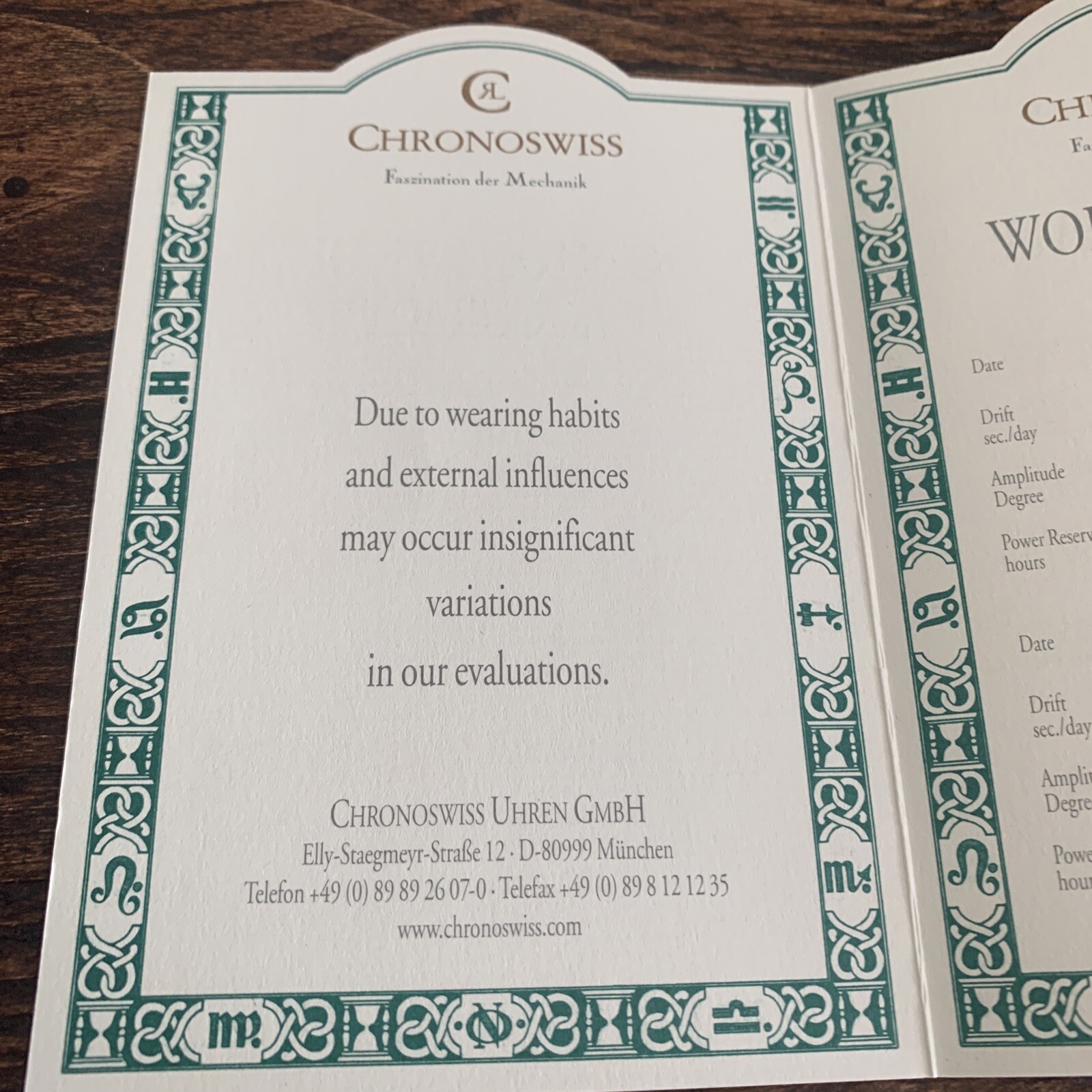Chronoswiss Watch Certificate of Accuracy Working-Rate Paper Caliber ETA 7001