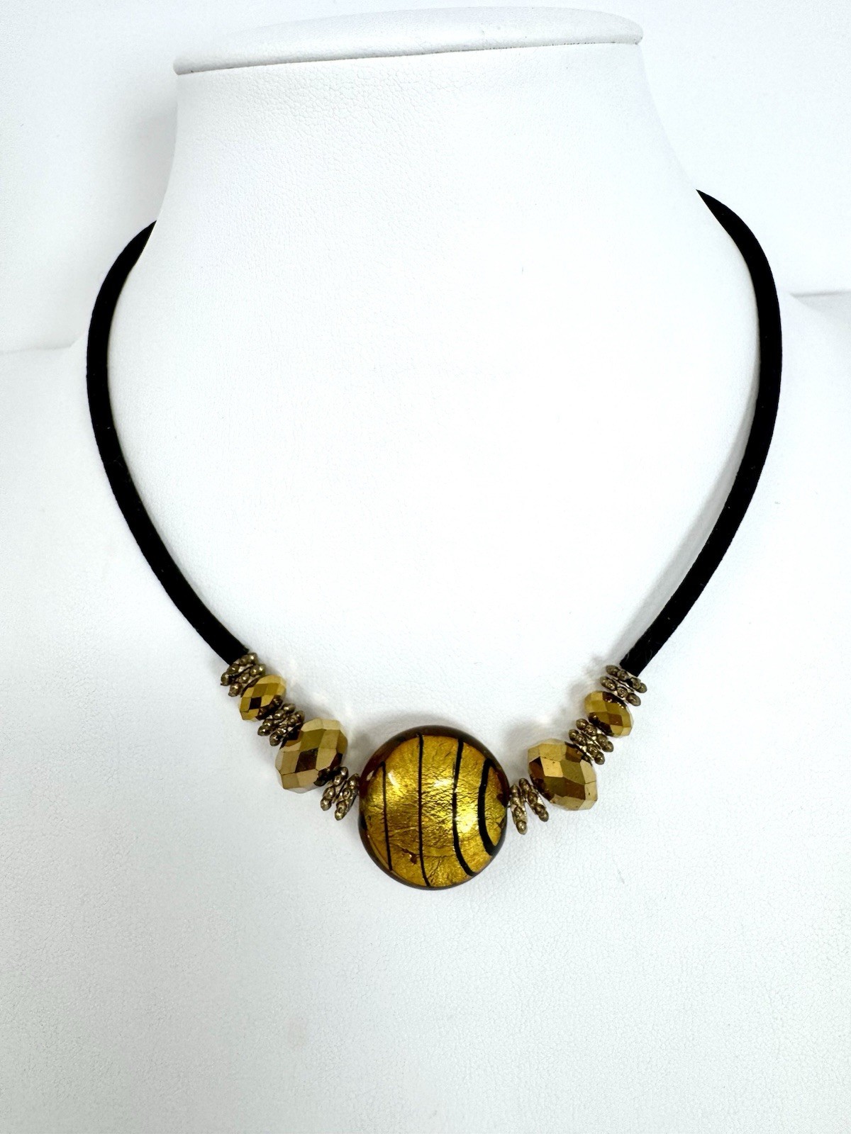 Artisan Murano Style Gold Foil Glass Bead Cord Necklace