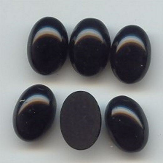 18 VINTAGE GLASS JET BLACK 14x10mm. OVAL SMOOTH CABOCHONS 6018