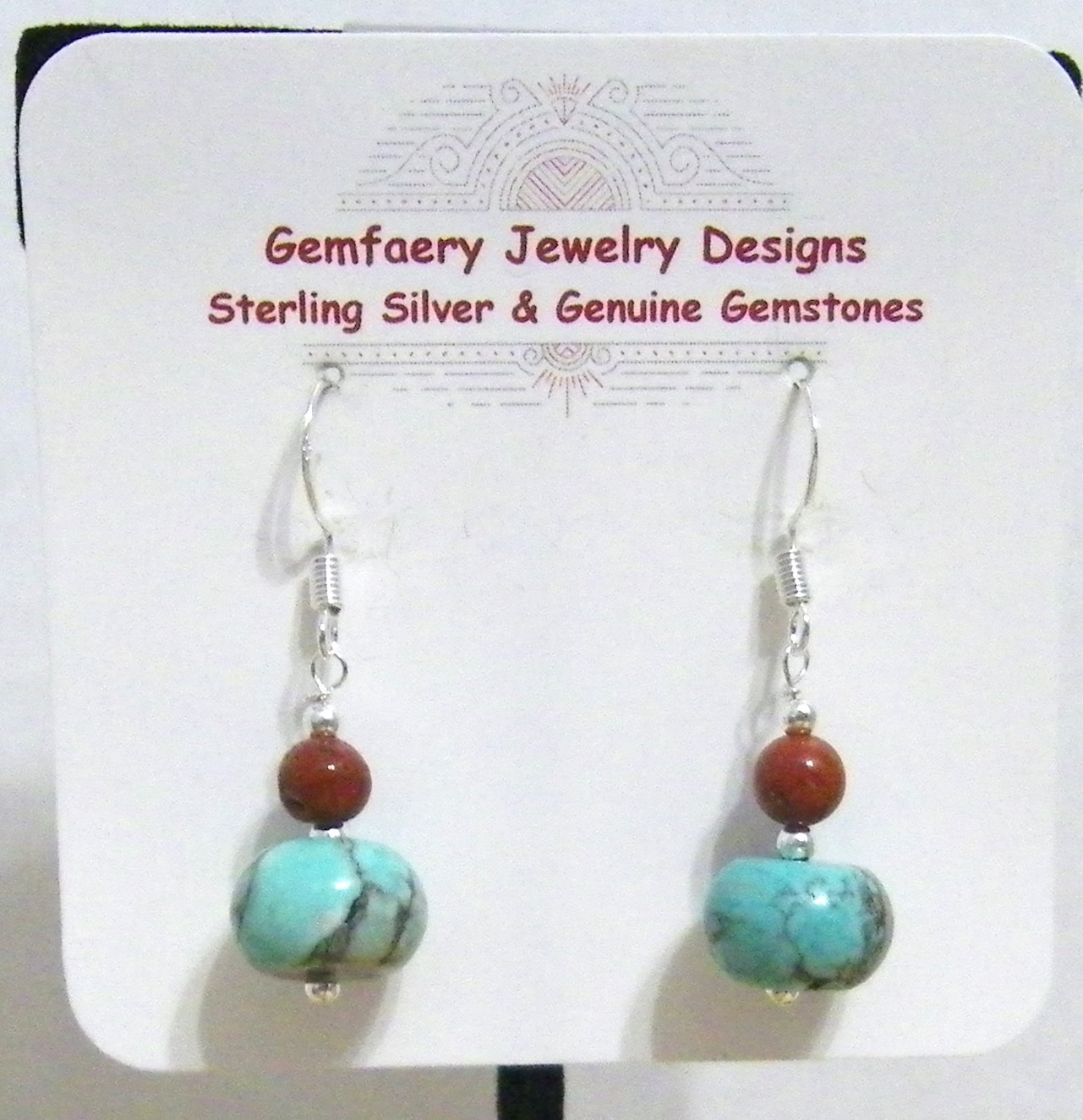 Sterling Silver TURQUOISE & RED JASPER Dangle Earrings #301…Handmade USA