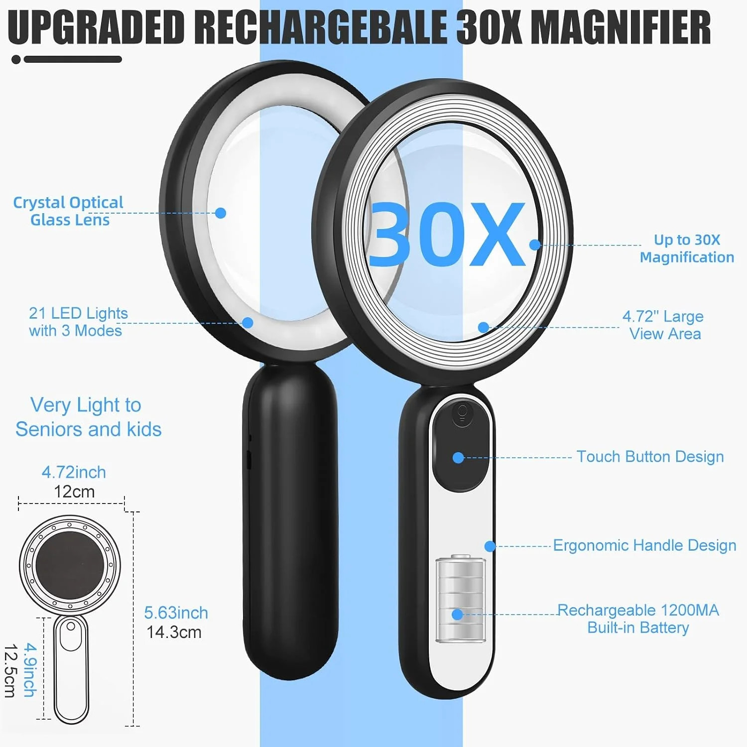 Rechargeable Magnifying Glass with Light, 30X 4.7IN Handheld Large Lightweight L