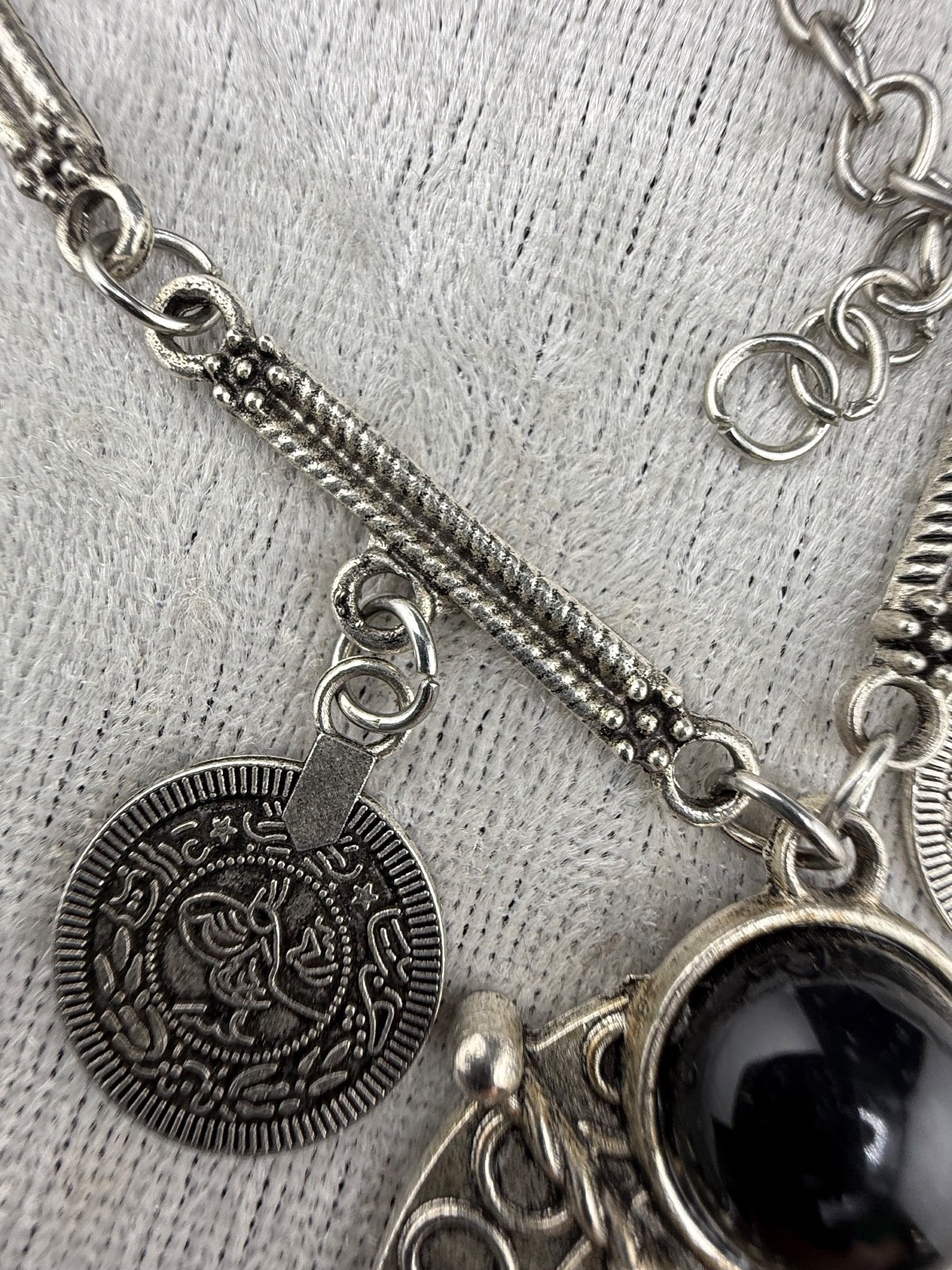 Faux Coin Necklace Silver Tone Fringe 24”