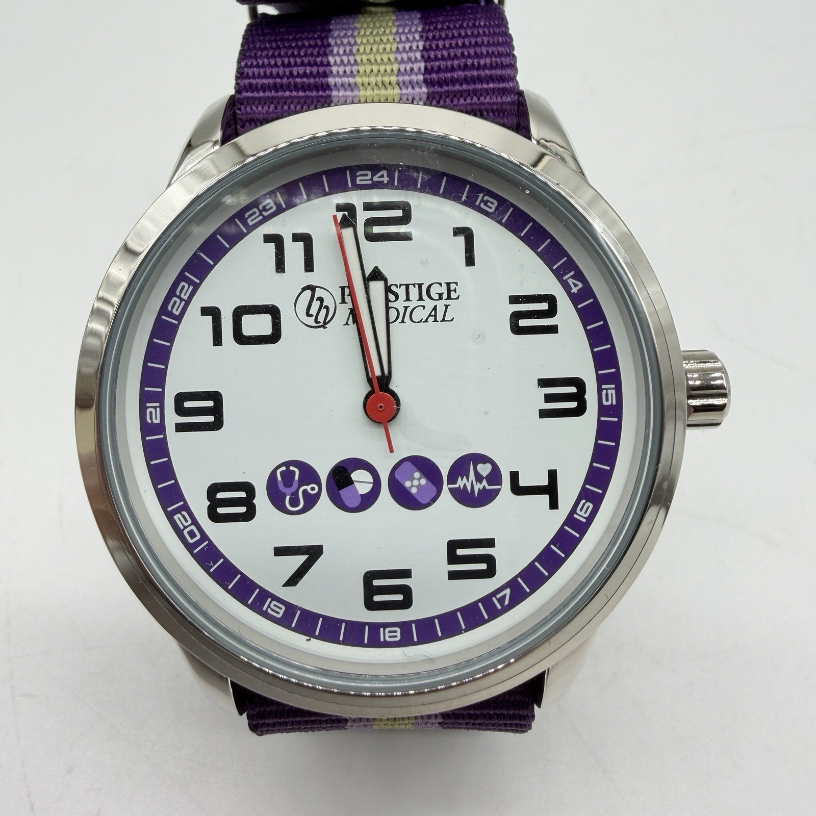 Prestige Medical women’s nurse watch water-resistant striped nylon strap -Purple