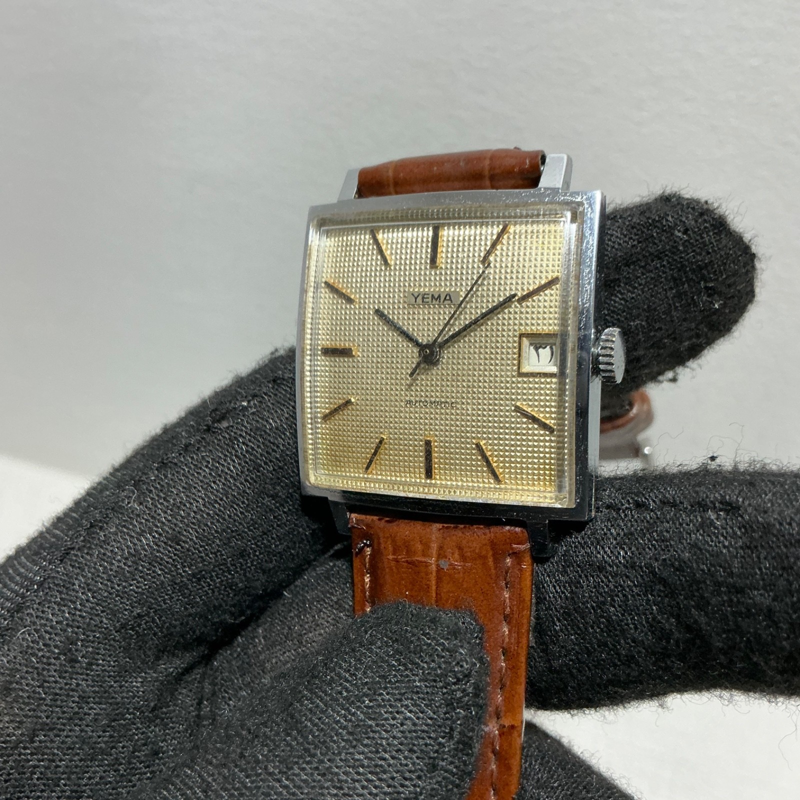 Vintage Yema Automatic Arabic Date Textured Dial Square 29mm Swiss