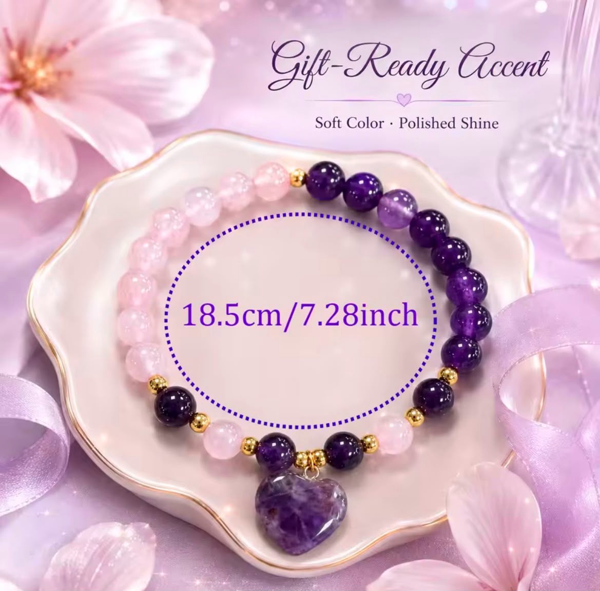 Purple Pink Amethyst Rose Quartz Heart Charm Stretch Bracelet Gold Women