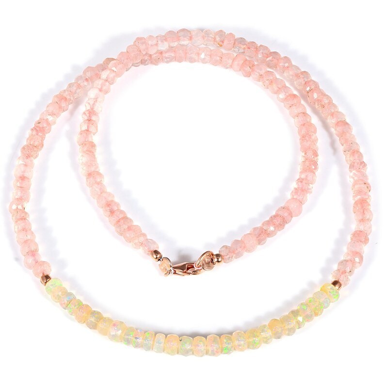 Natural Welo Fire Opal Rose Quartz Beaded Necklace Handmade 925 Sterling Silver