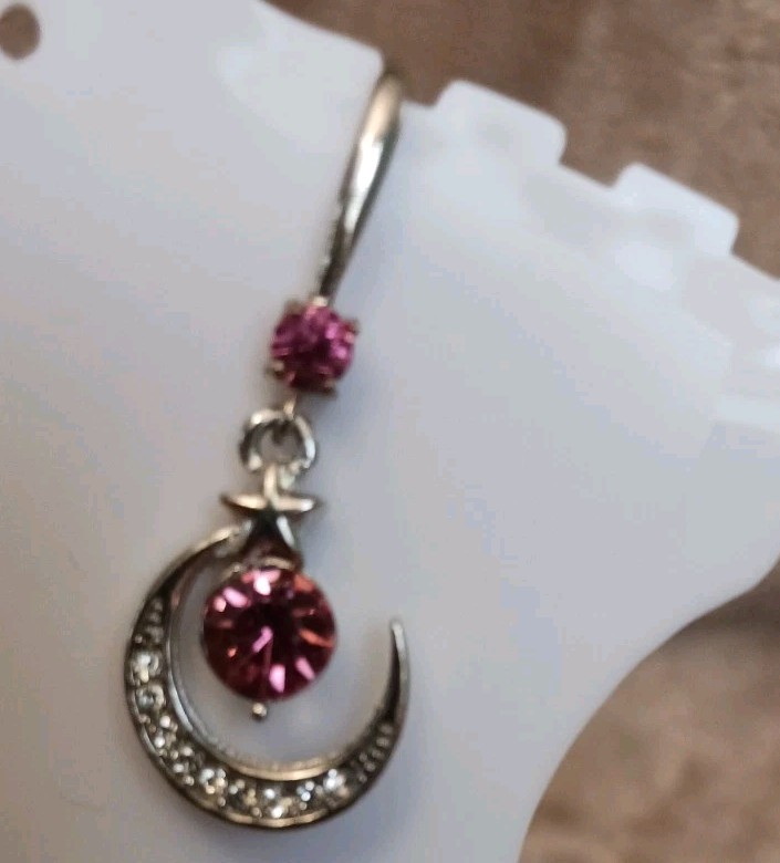 Womens Fashion Earrings Pink Crystal Crescent Moon Dangle Drop Hook Costume