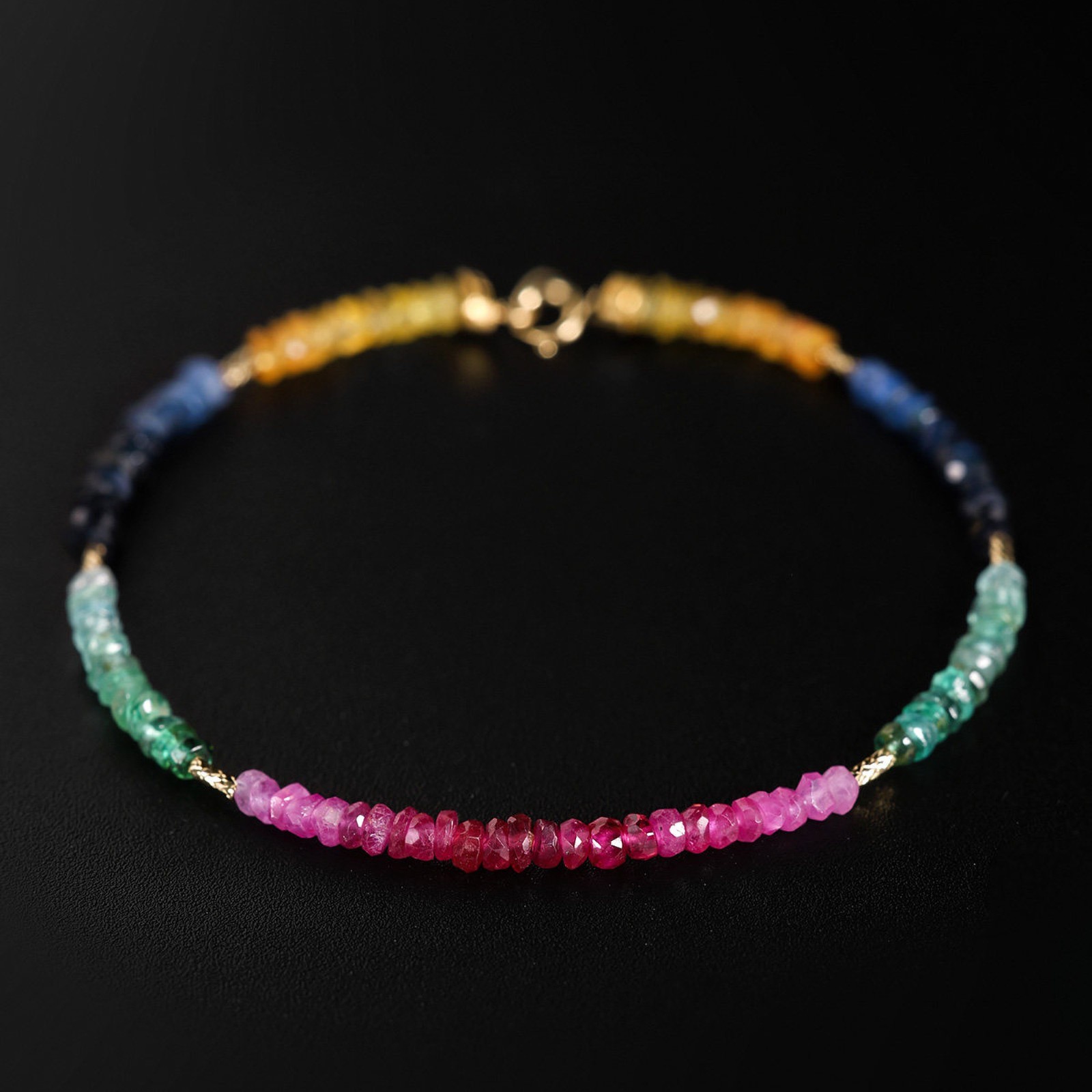 18K Gold Multicolor Sapphire Bracelet, Natural Rainbow Gem Beaded Bracelet