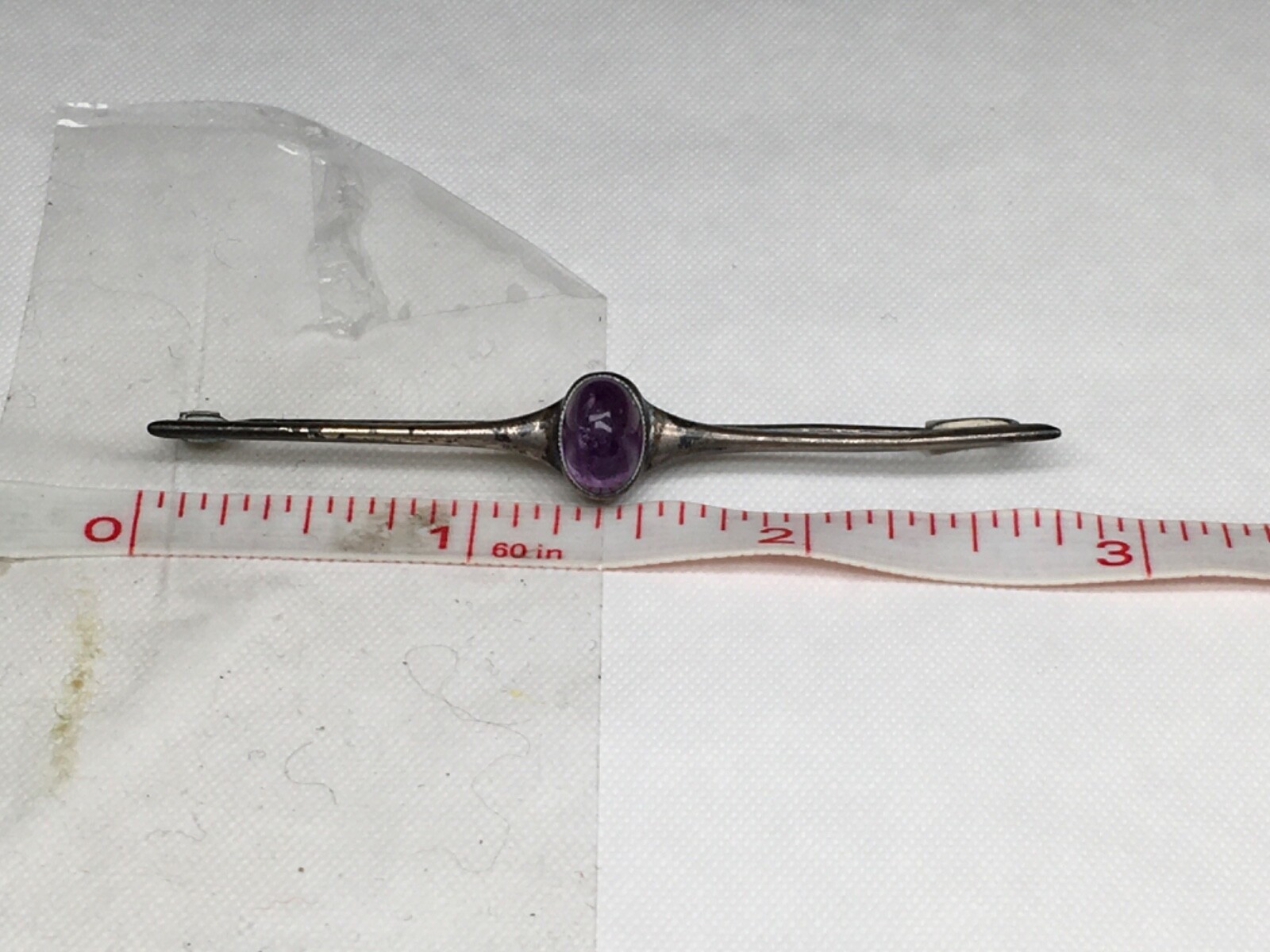 Vintage Brooch Glass OR Natural Purple Stone, 2-3/4″ Long, Unknown Metal.