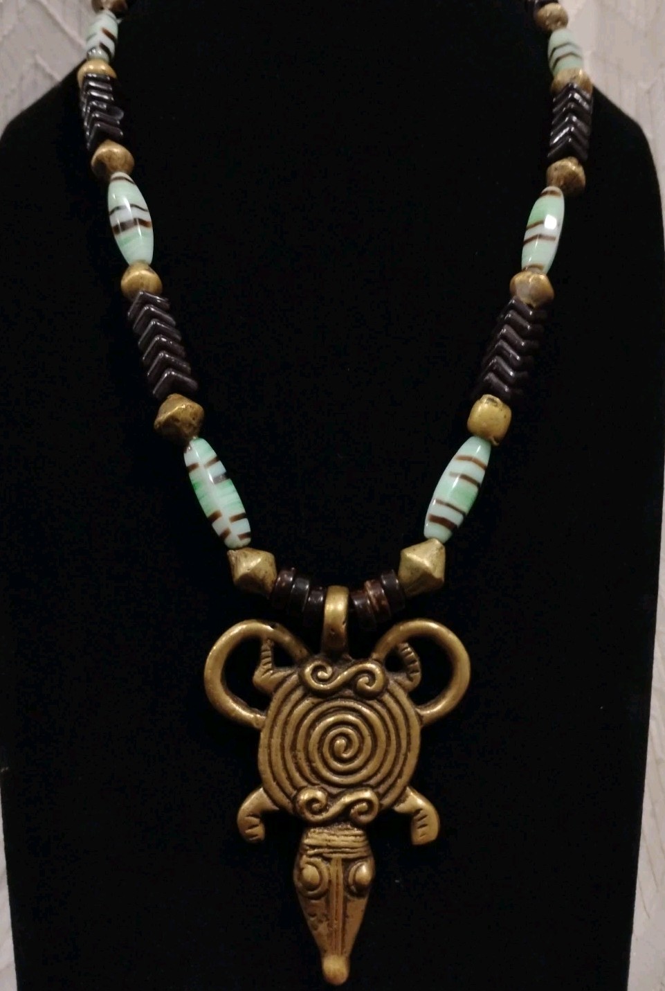 Glass Trade Bead Lizard Brass Pendant Reptilian Necklace