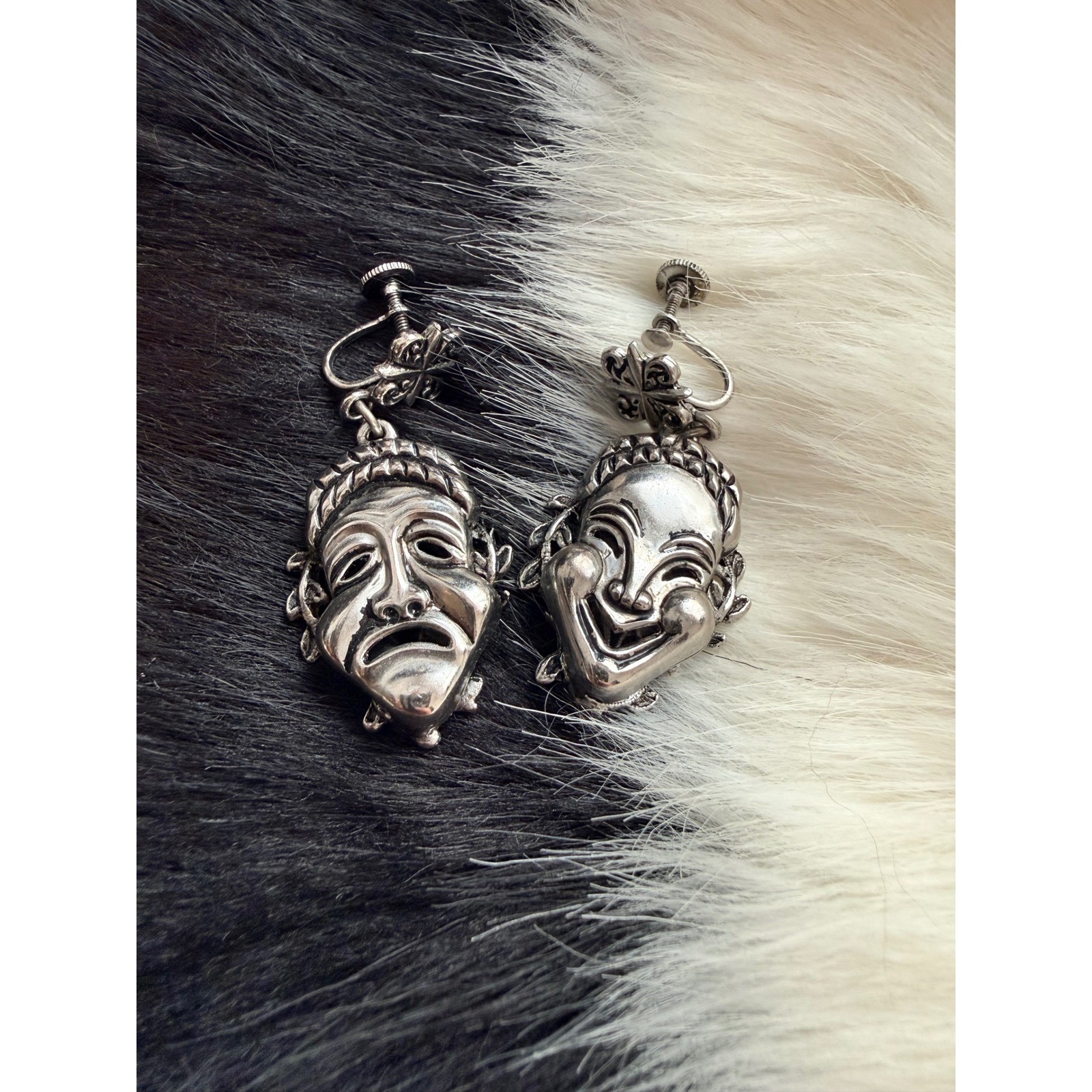 Silver Drama Comedy Masks Dangle Earrings Screw Back Vintage Collectible