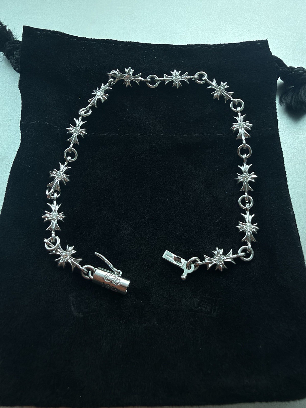CHROME HEARTS Tiny E Bracelet 18K White Gold 12 Link Diamond Double Sided