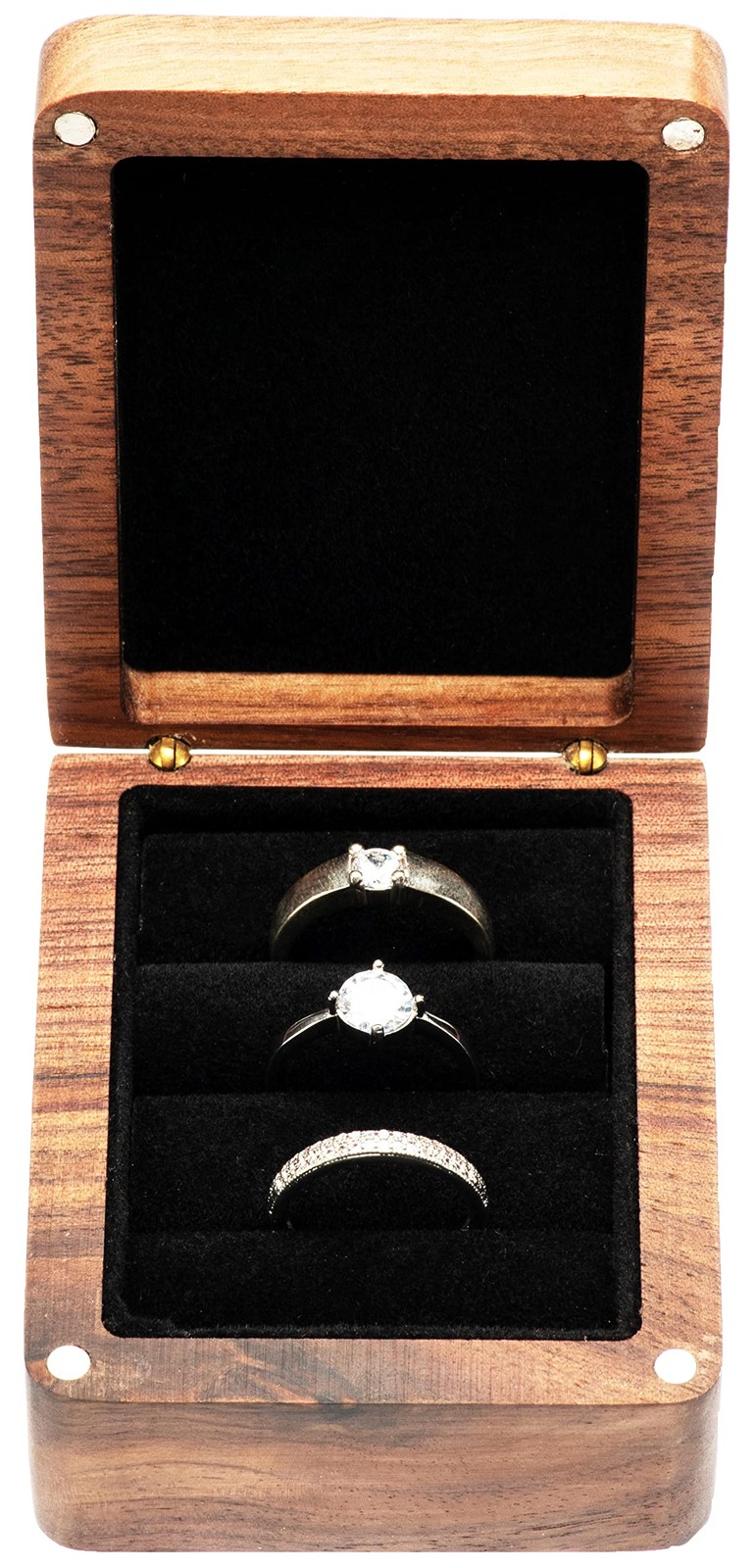 COSISO Walnut Wooden Ring Box 3 Slots for Wedding Ceremony Black Inner