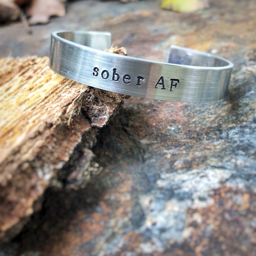SOBER AF Cuff Adult OS Silver Hand Stamped Stainless Steel Adjustable Bracelet