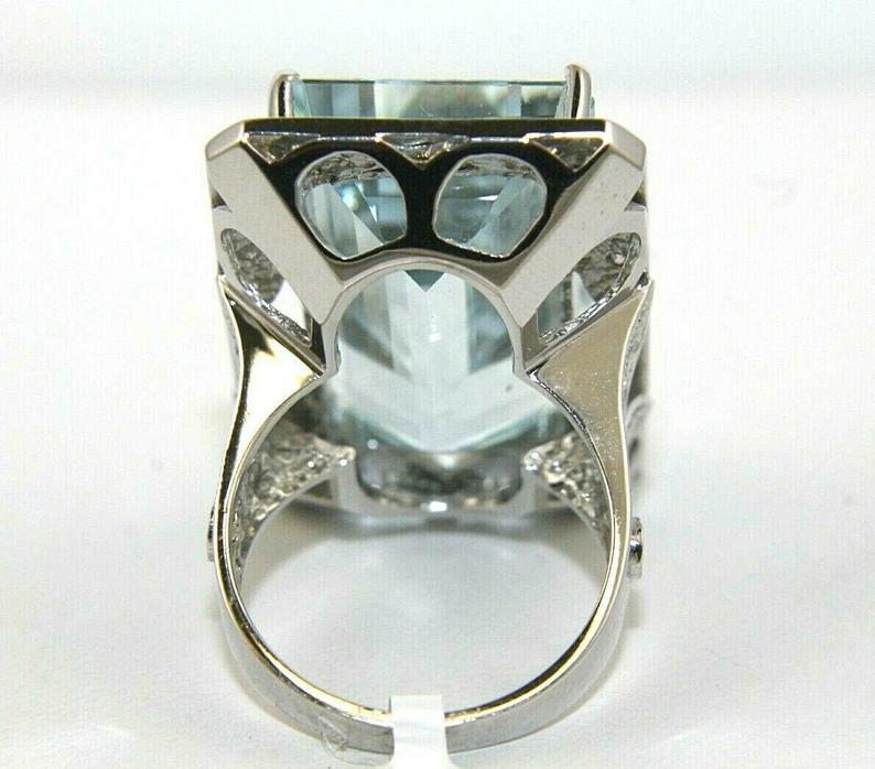 Halo 32.70CT Emerald Cut Aquamarine & Round CZ 935 Silver Women’s Solitaire Ring