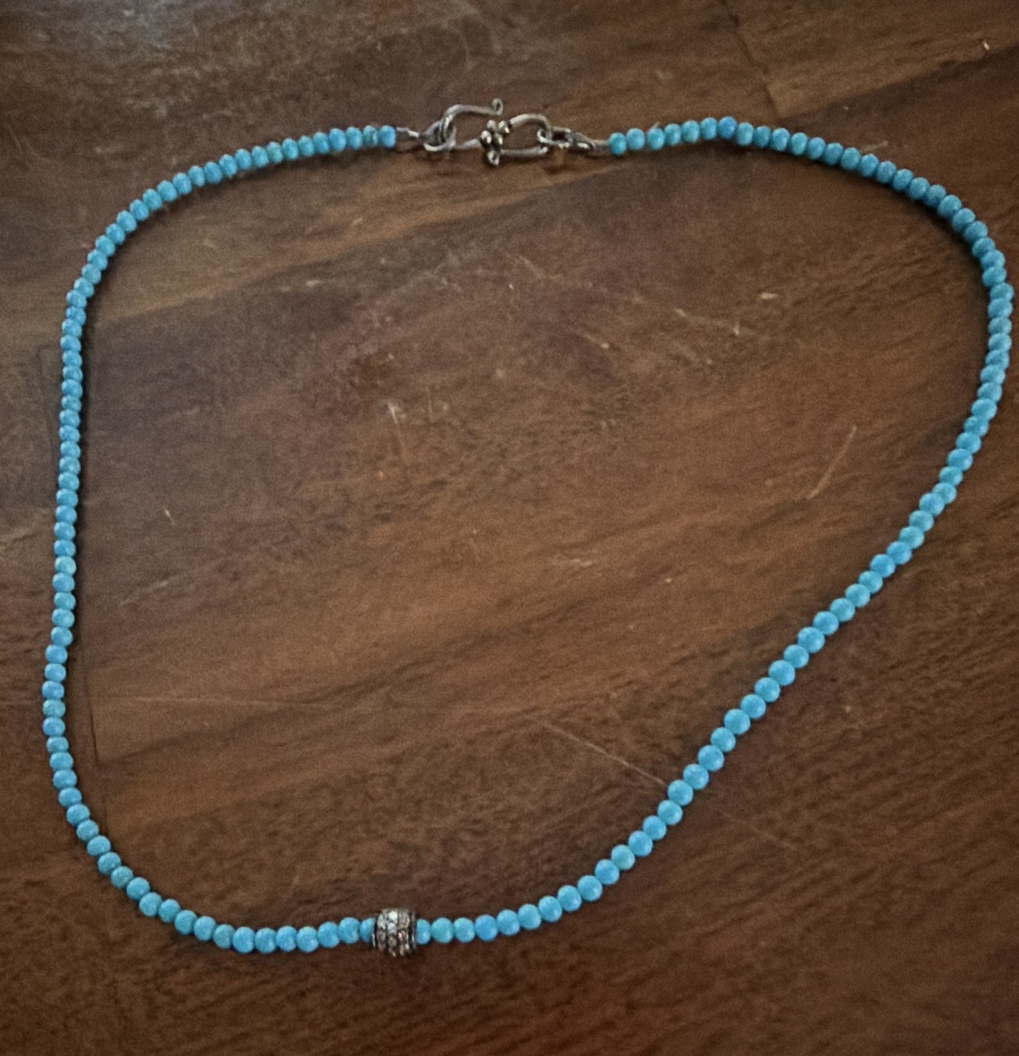 Blue Beaded Necklace Round Beads Silver-Tone Metal Hook Clasp, No Stone