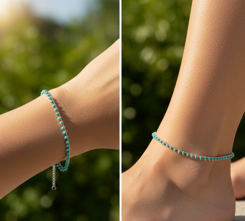 Elegant Silver Tone Turquoise Beaded Anklet 925 Silver Plated Minimalist Boho