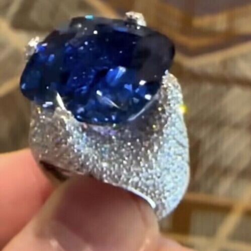 5Ct Cushion Lab Created Blue Sapphire Solitaire Men’s Ring 14K White Gold Plated