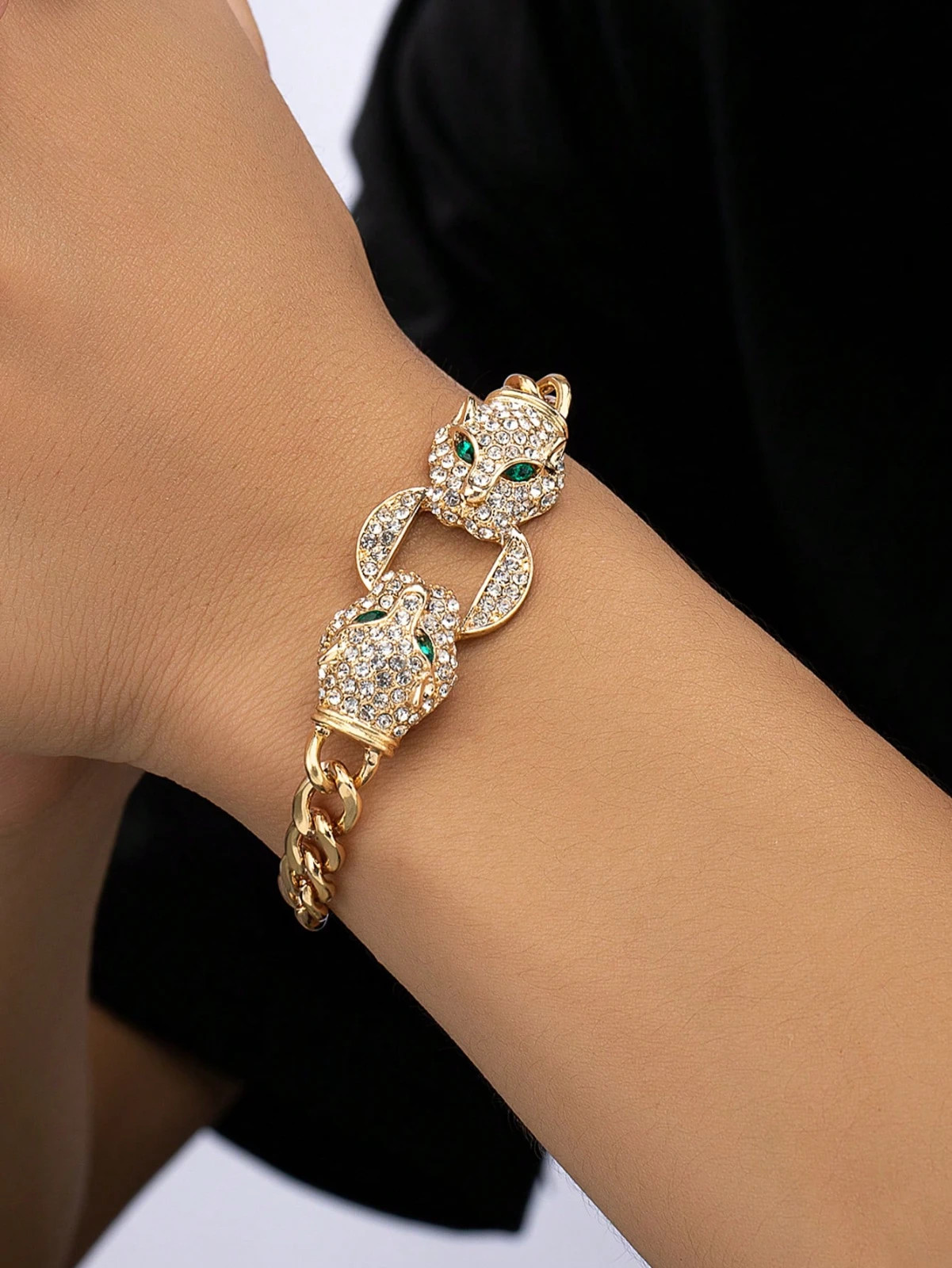 Women’s Leopard Charm Bracelet Green Eyes Gold Tone Animal Cuff Bangle
