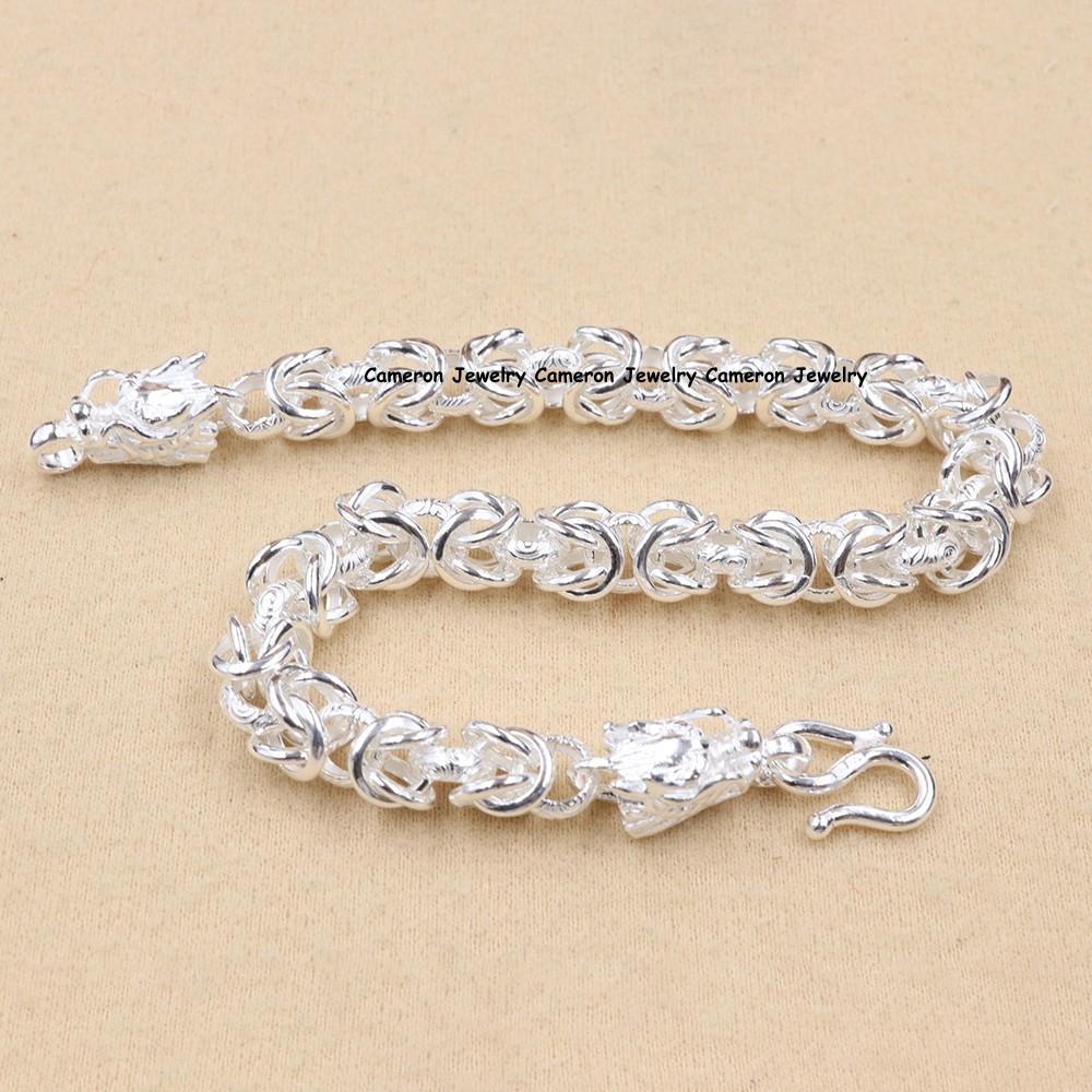 Pure S999 Fine Silver Dragon Head Chain Interlocking Link Bracelet 17-18g 8.26in