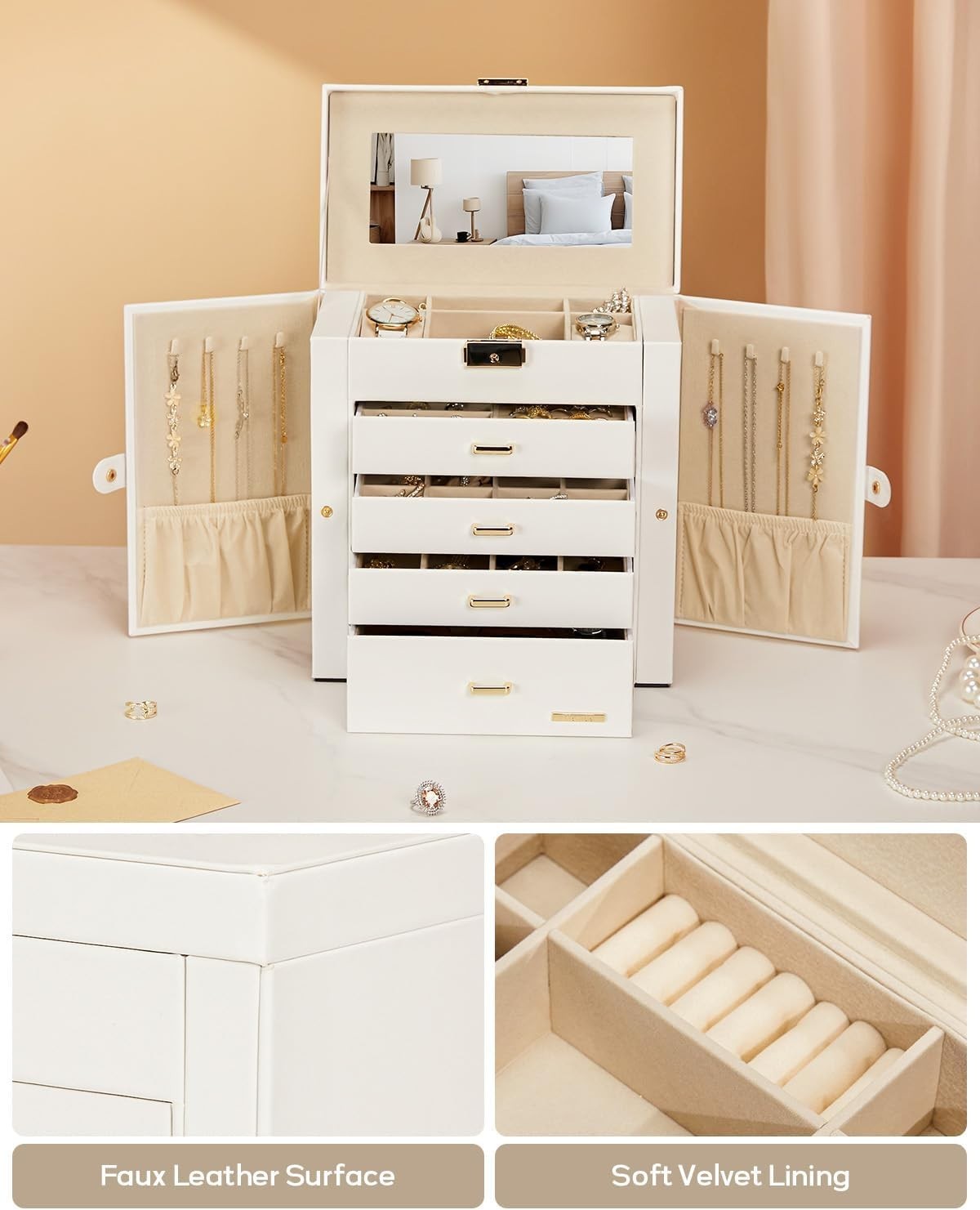 Stylish Jewelry and Watch Organizer – White Faux Leather, Lockable Design