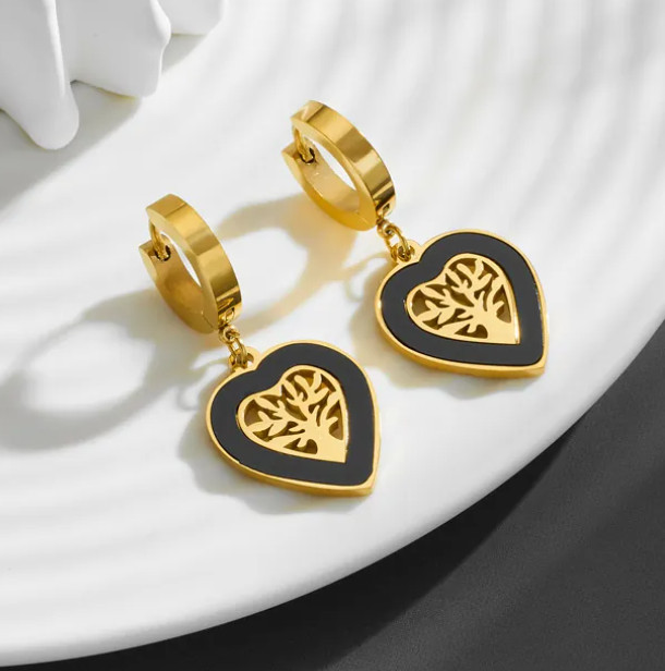 Earrings Heart Shape Life Tree Plating Inlay TitaniumSteel Shell 18K Gold Plated