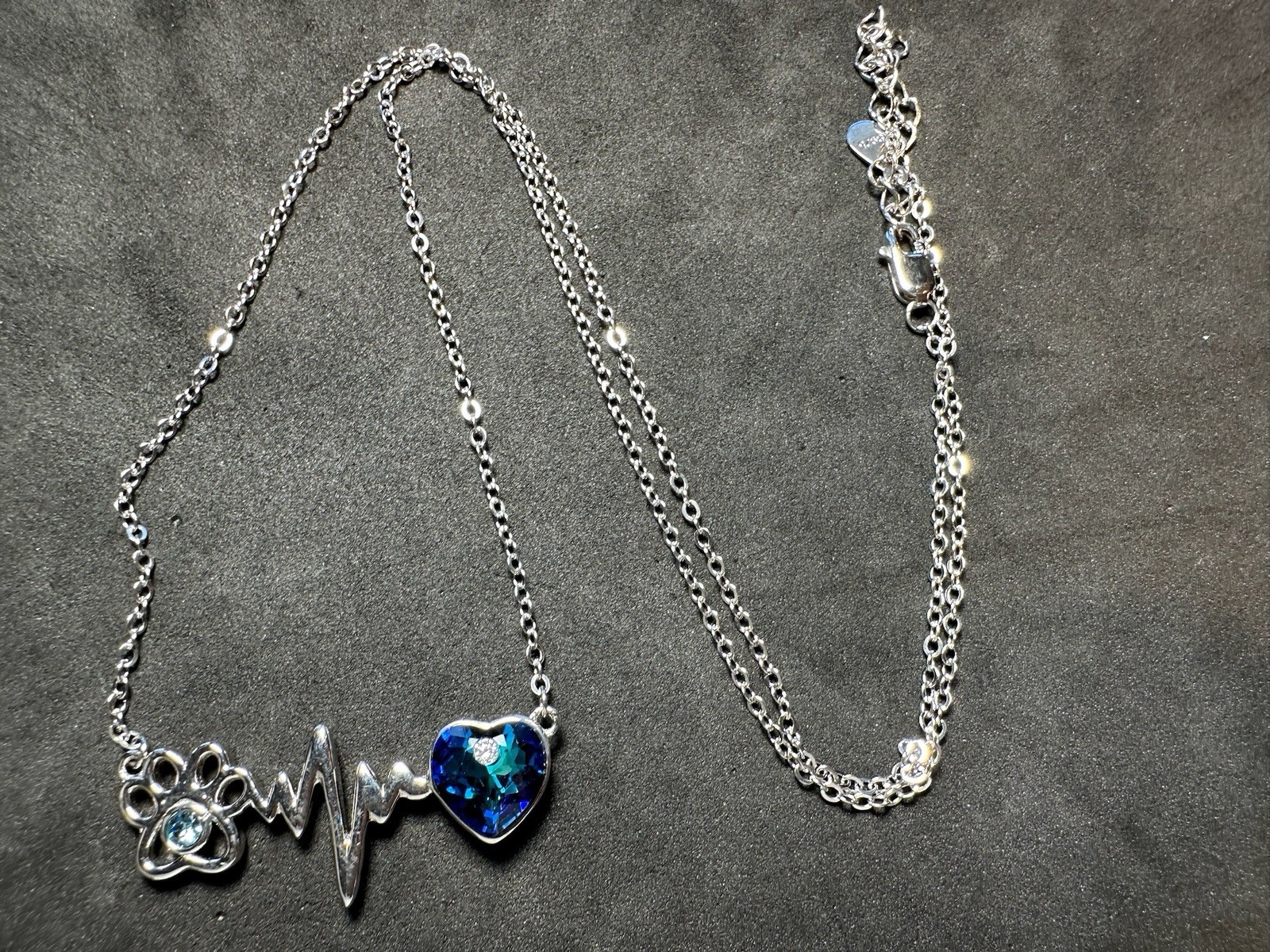 4.29g Vintage 925 Sterling Silver Paw Print Heartbeat Blue Heart Adjus M 20.5 in