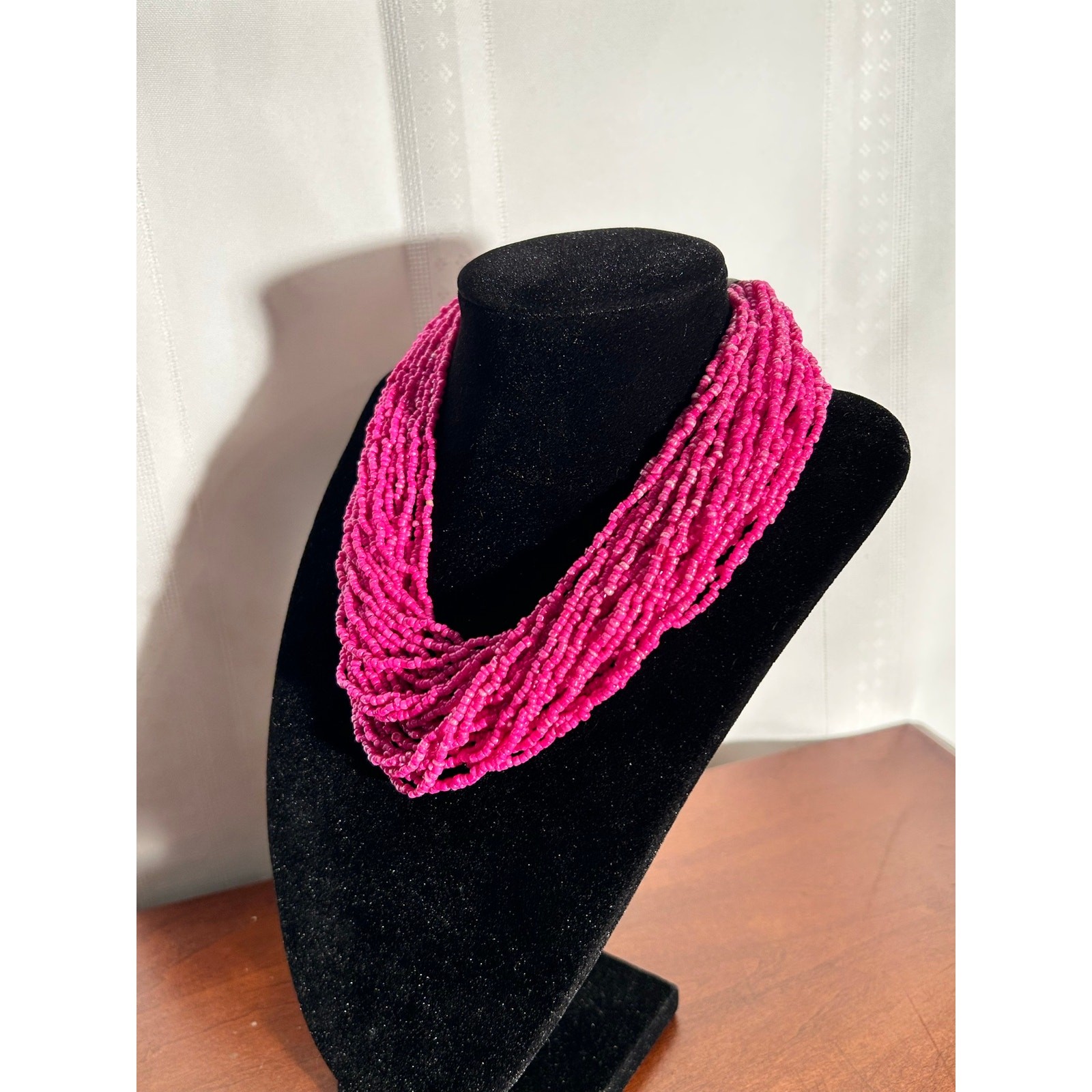Vintage 36″ Pink Multi Strand Necklace & Stretch Bracelet Set Metal Accents