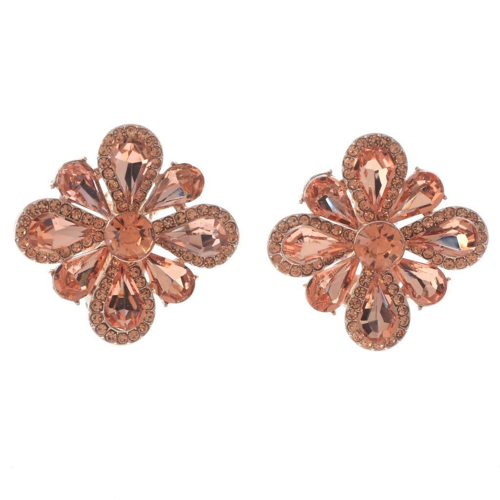 Rose Gold Tone Metal Crystal Clip-On Flower Earrings E6570-RGPEA