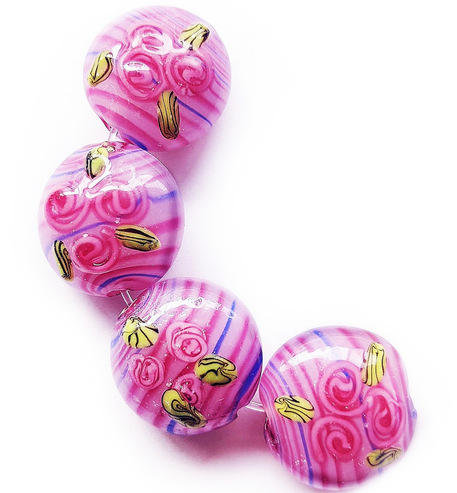 4 Handmade Lampwork Glass Lentil Beads Pink Roses 19 mm 4 beads (#p6)