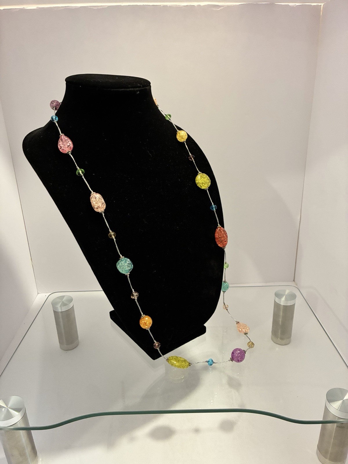 Premier Designs Multicolor Crackle Bead Necklace Rainbow Station Long 38”