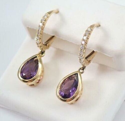 Delicated 4Ct Pear Shape Amethyst Drop/Dangle Earrings 14K Yellow Gold Finish