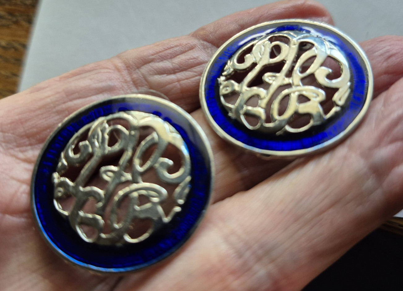 Vintage Cobalt Blue guilloche Enamel silver filigree Earrings pierced BEAUTIFUL