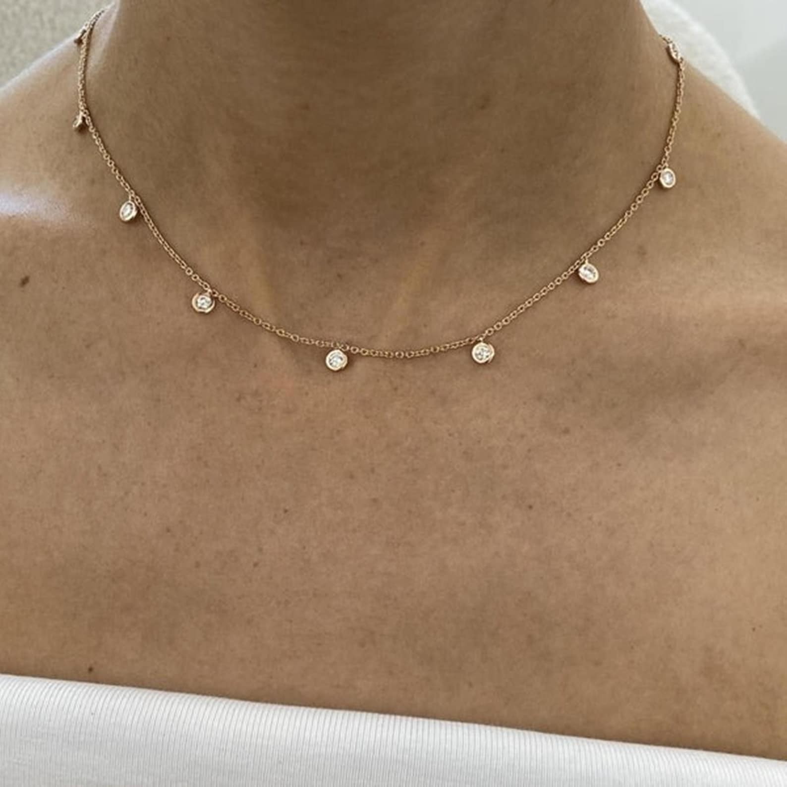 Festival Sale ! Round Natural Bezel Set Diamond Station Necklace 14k Yellow Gold