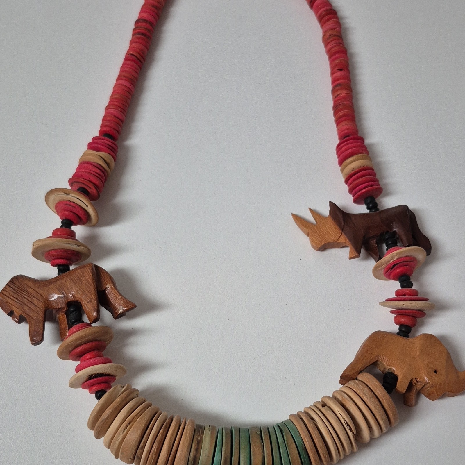 Vintage Hand Carved Wooden Safari Animal Beaded African Tribal Necklace 27 Inche