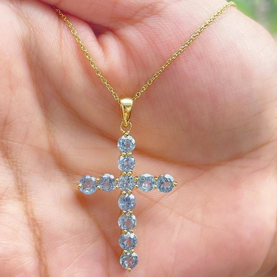 6Ct Round Aquamarine Cross Pendant Solid 14K Yellow Gold Finish 18 Free Chain
