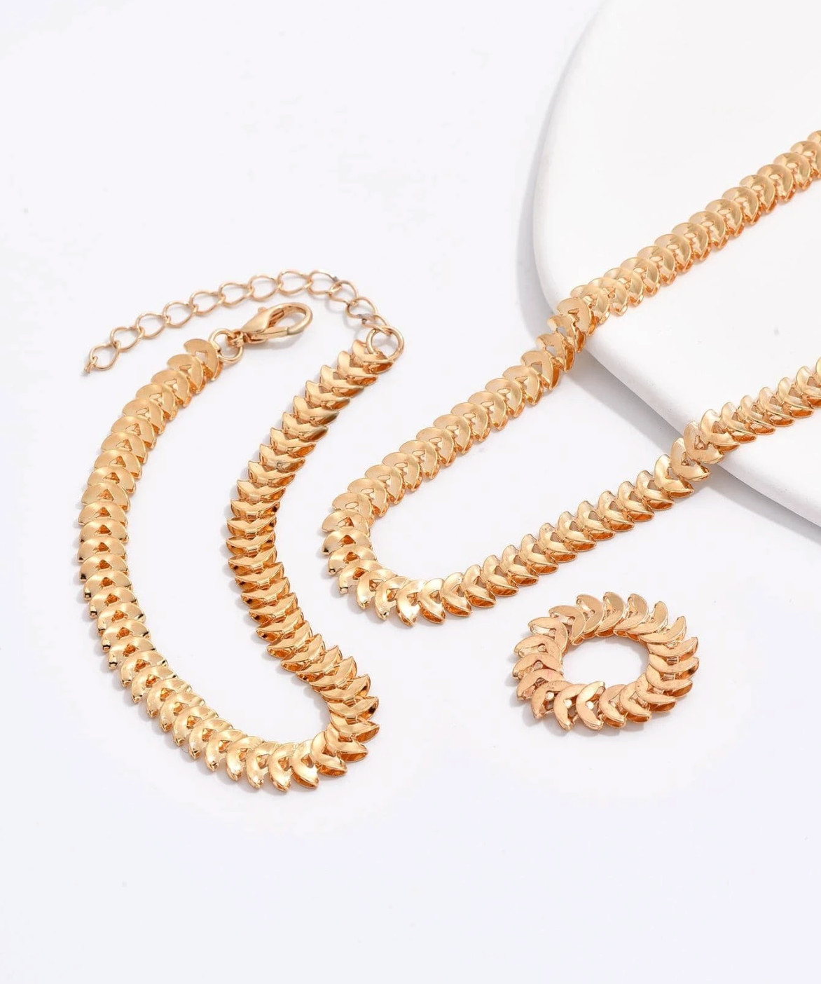 Womens Necklace 18K Gold Plated Stainless Steel Chain Bracelet Ring Jewelry Set
