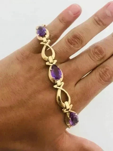 6.00CT Pear Lab Created Amethyst Women’s Tennis Bracelet 14K Yellow Gold Finish