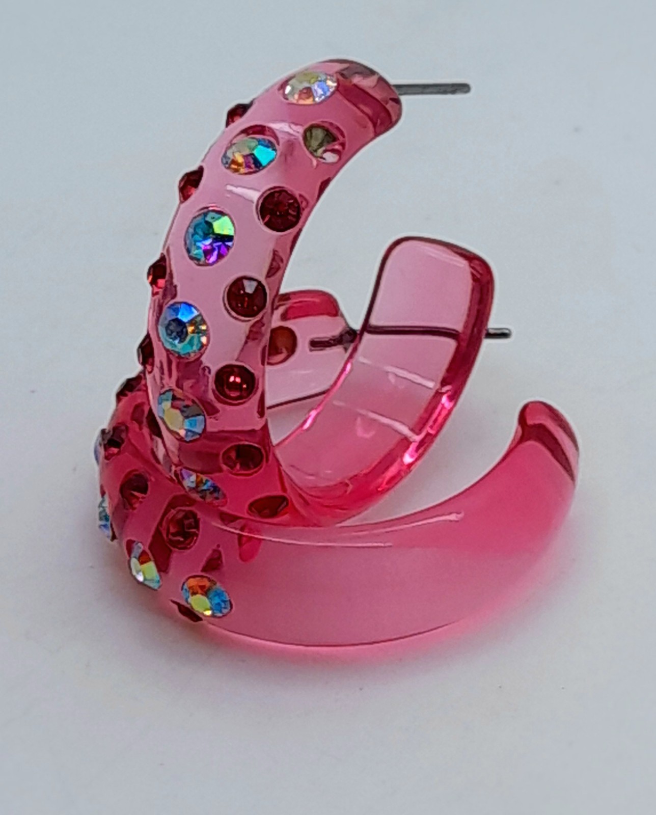 E173 NEW 1″ CLEAR PINK ACRYLIC HOOPS PINK & AB RHINESTONES FASHION EARRINGS