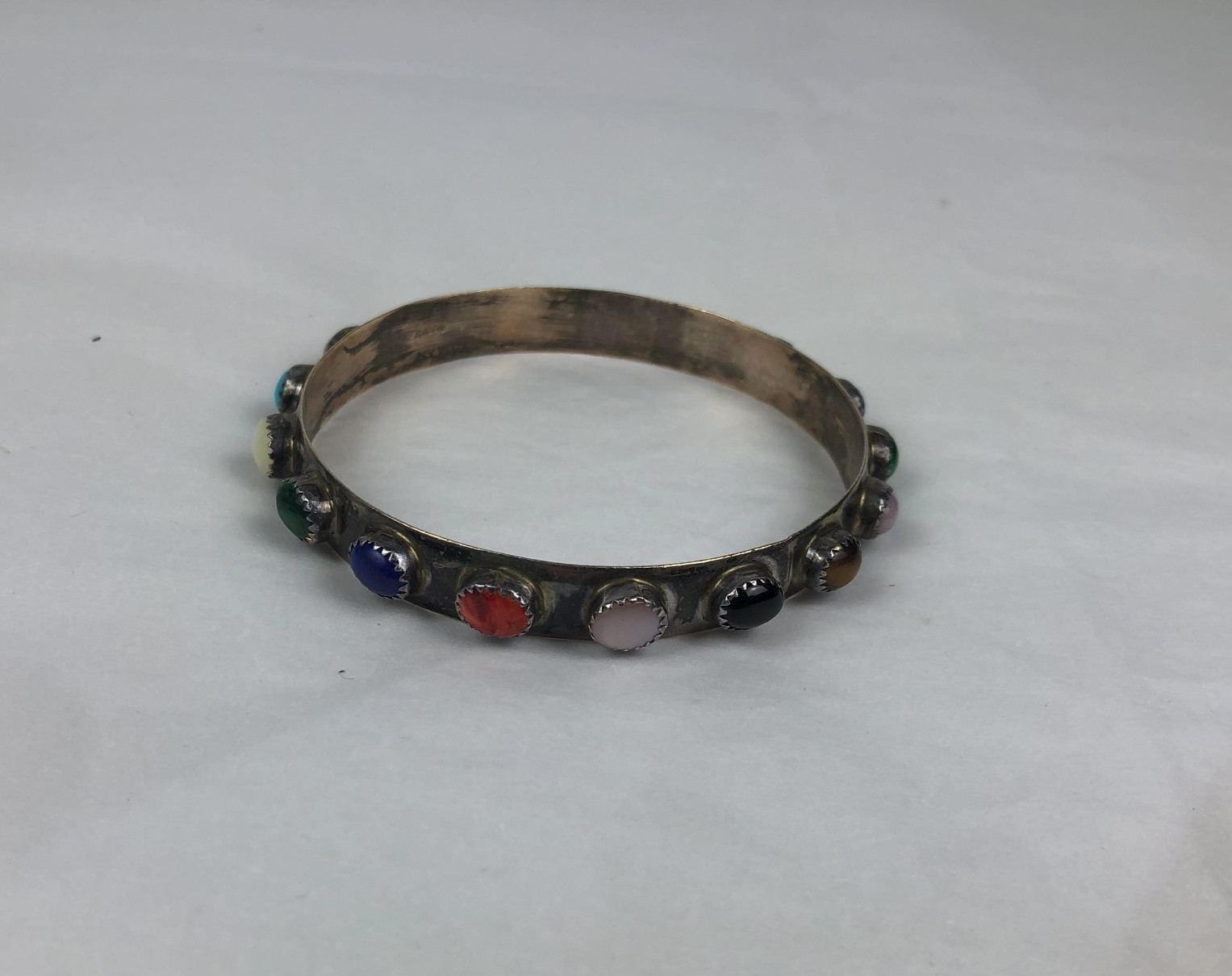 Sterling Silver Bangle bracelet inlaid semi precious stones coral lapis other