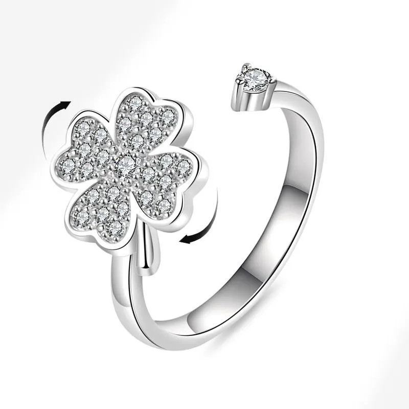 Sterling Silver Sunflower Diamond Zircon Rotatable Ring For Women