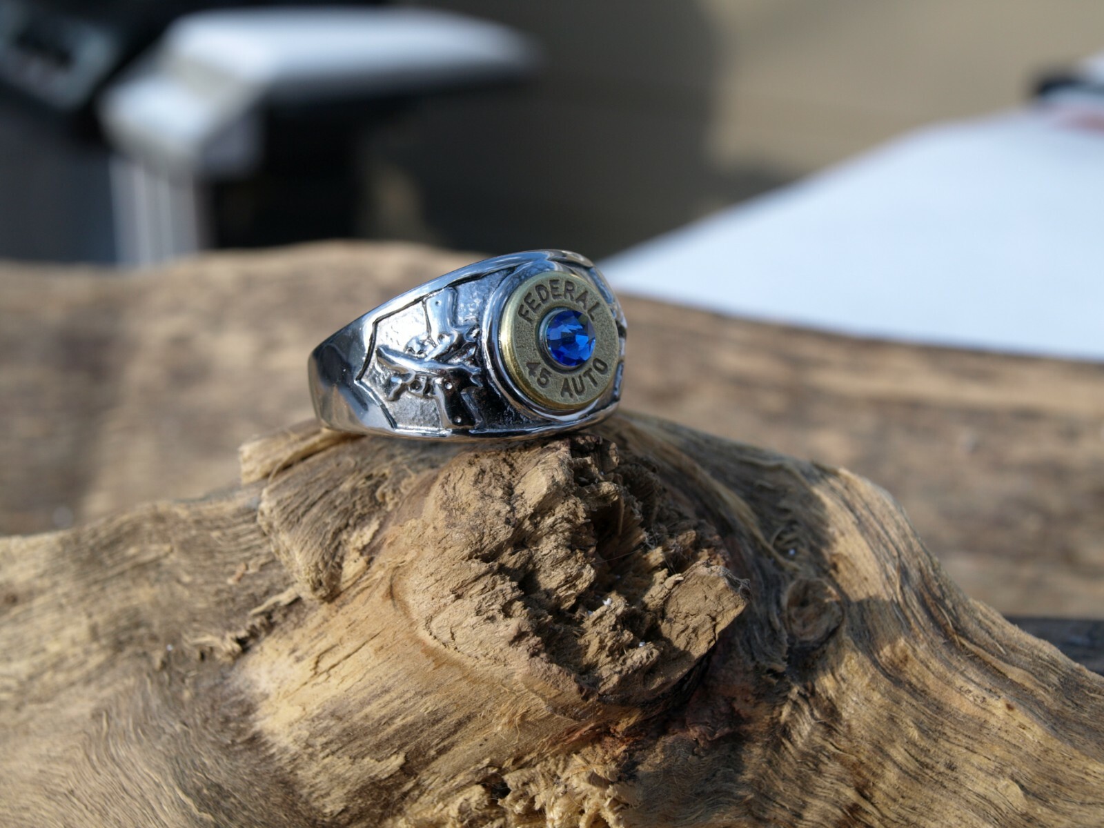 Stainless Steel Brass 45 Bullet Ring with Cross Guns. Optional Glass Crystal.